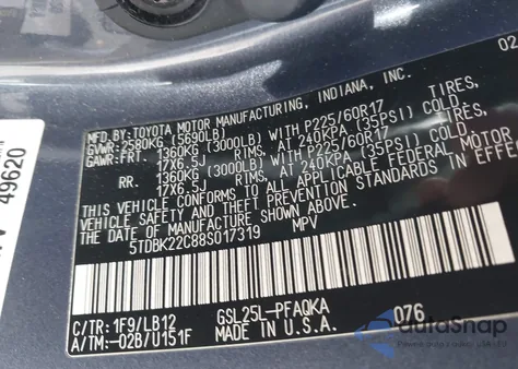 2008 Toyota Sienna Limited from USA, damaged, VIN 5TDBK22C88S017319